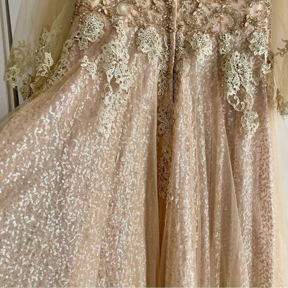 Val Stefani V-Cut Tulle Overlay Sleeve Sequin Bead Lace Embellished Gown Dress - Picture 15 of 17